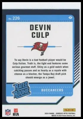 Devin Culp Rookie 2024 Donruss Optic #226 Tampa Bay Buccaneers