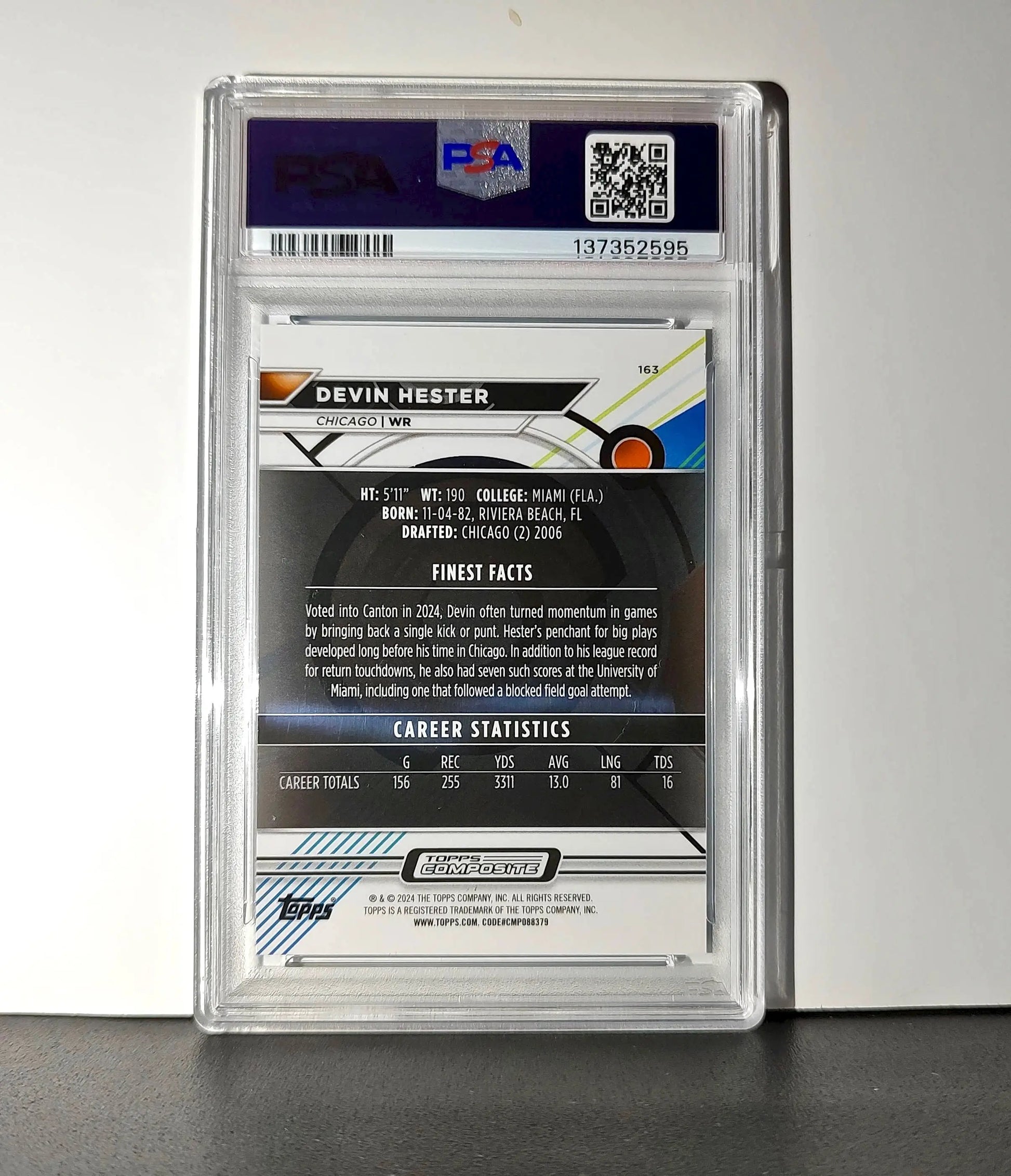 Devin Hester 2023 Topps Finest 325/325 #163 Sky Blue Refractor PSA 9 Mint - Football Card Single
