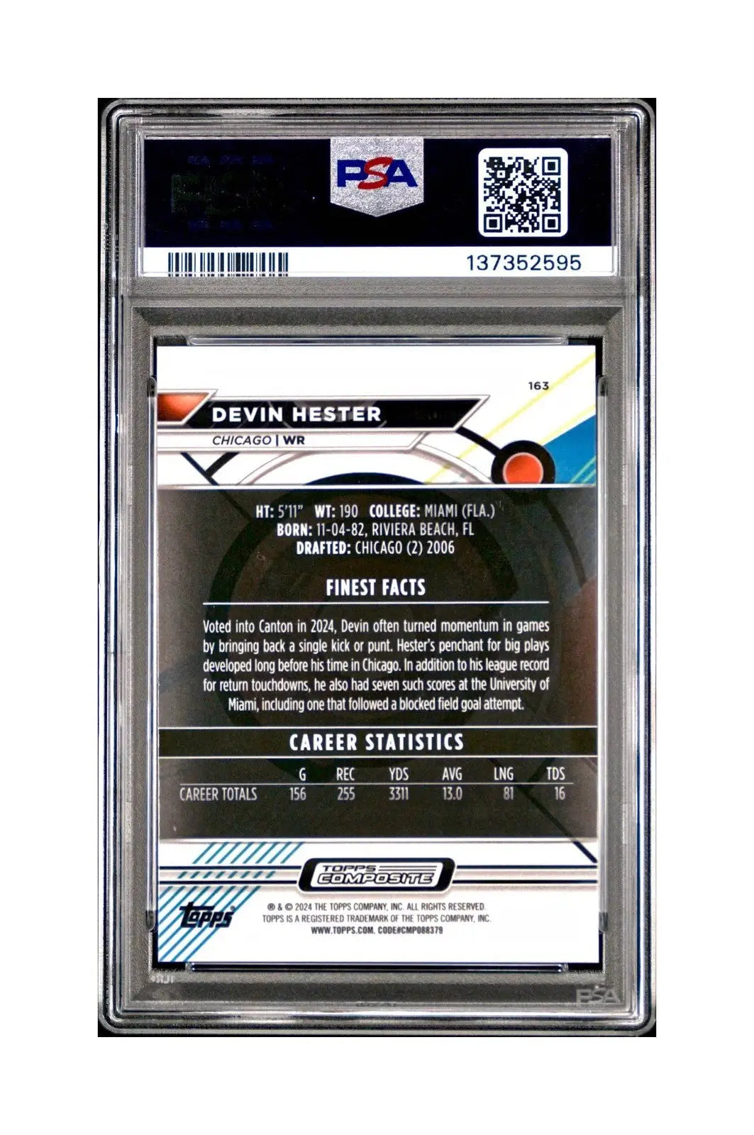 Devin Hester 2023 Topps Finest 325/325 #163 Sky Blue Refractor PSA 9 Mint - Football Card Single