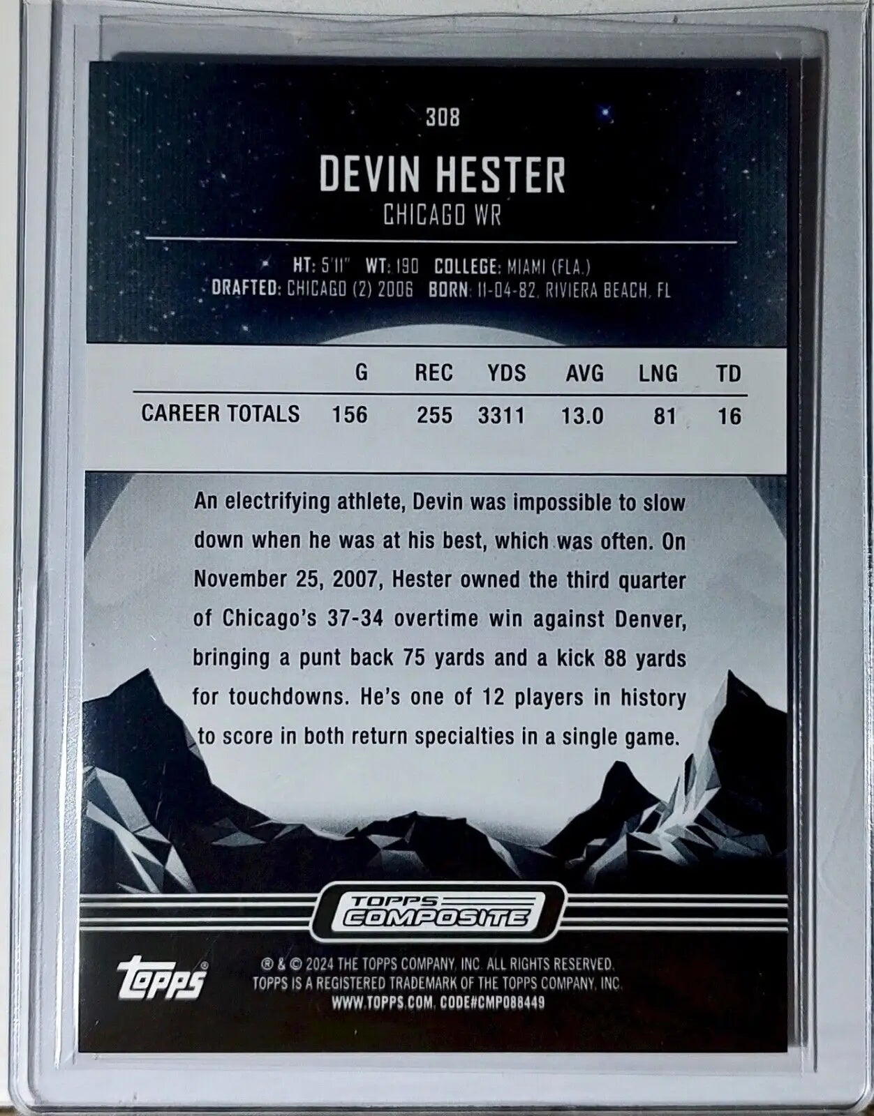 Devin Hester 2023 Topps Midnight NFL #308 Football Card Chicago Bears