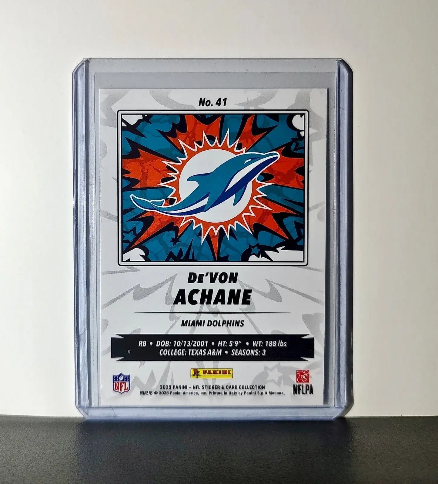 De’Von Achane 2025 Panini NFL #41 Sticker Card Miami Dolphins