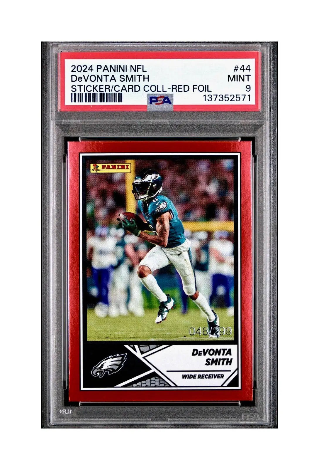 DeVonta Smith 2024 Panini Sticker Collection 048/299 #44 Red Foil PSA 9 Mint