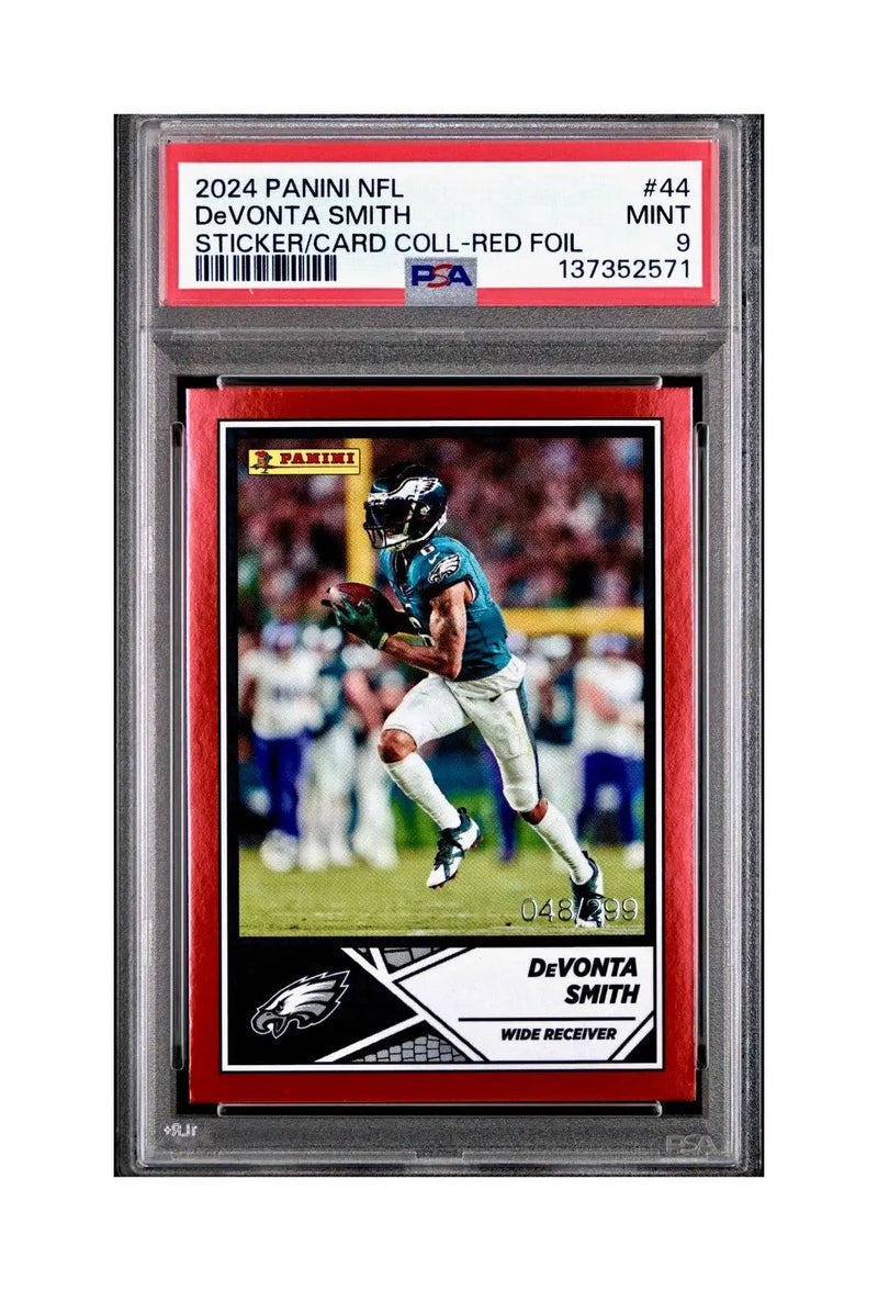 DeVonta Smith 2024 Panini Sticker Collection 048/299 #44 Red Foil PSA 9 Mint