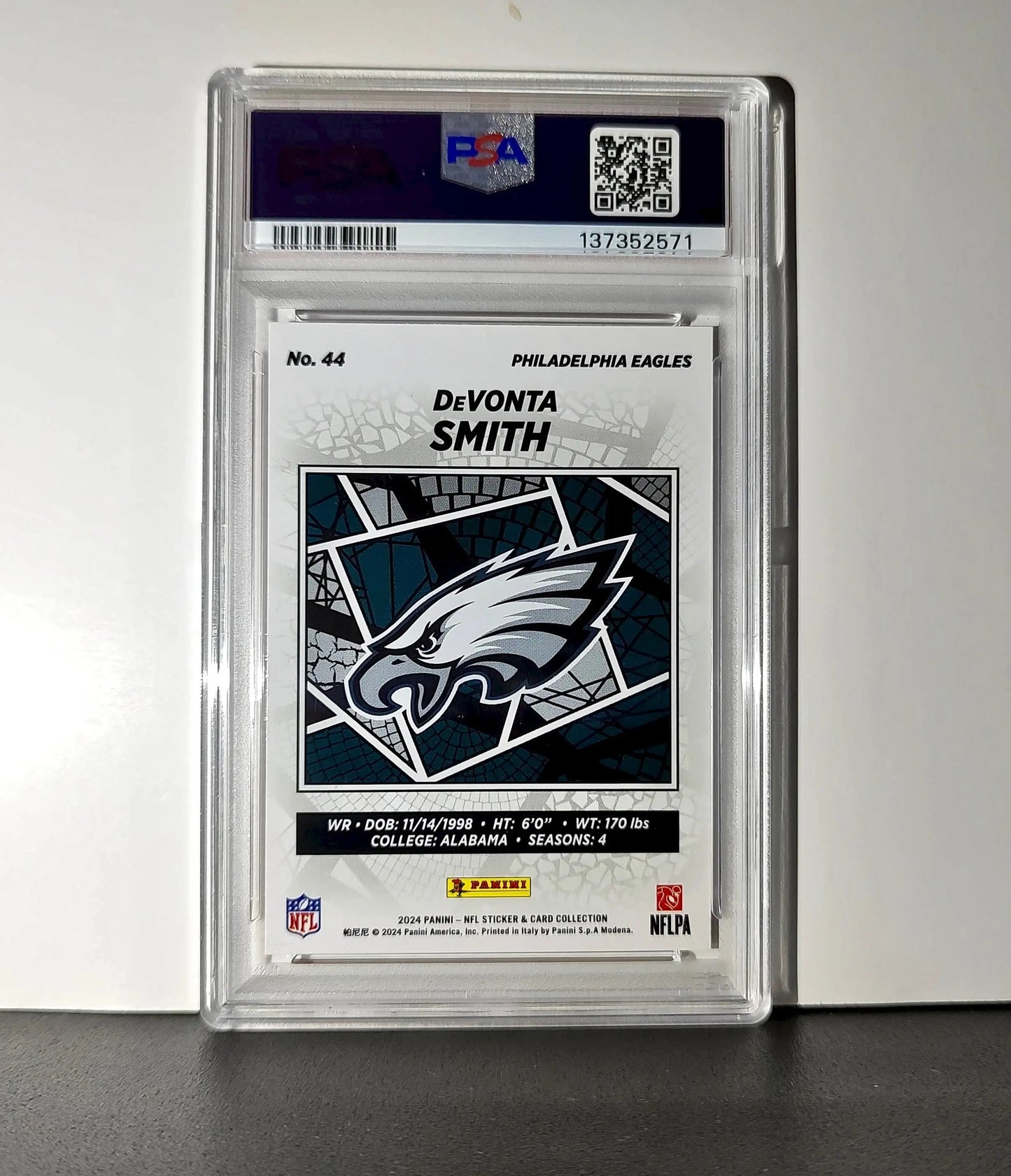 DeVonta Smith 2024 Panini Sticker Collection 048/299 #44 Red Foil PSA 9 Mint