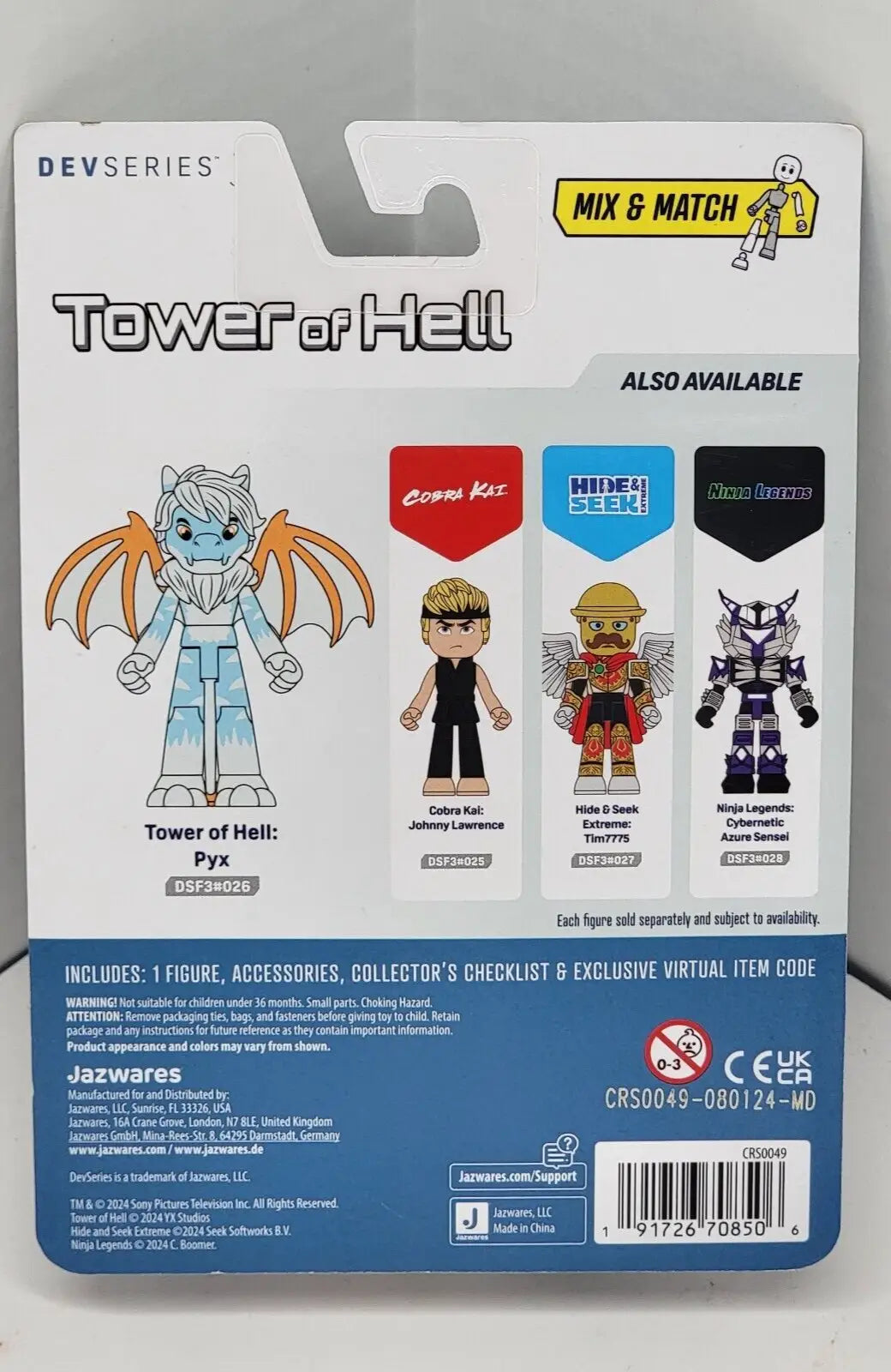 Back of Devseries Tower of Hell PYX action figure package with available figures and details