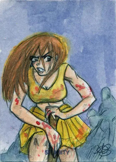 Illustration of a determined wounded anime character in yellow on a 5funity sketch card