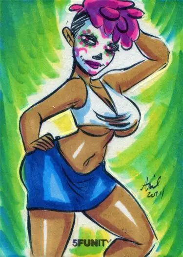 Colorful cartoon-style illustration of a curvaceous woman on 5funity sketch card