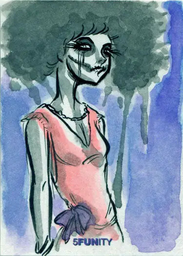 Stylized ghostly figure with curly hair in pink top from DH 5funity Sketch Card by John Monserrat