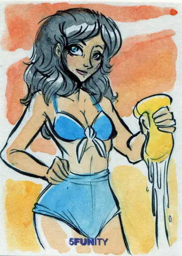 Cartoon woman with blue hair in a bikini holds yellow object, featured in 5funity sketch card