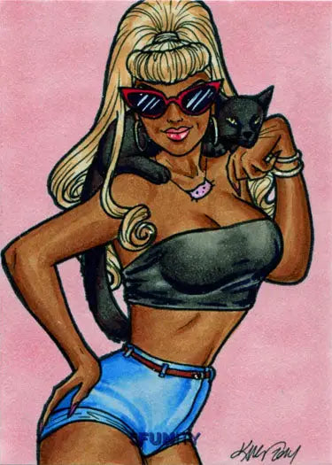 Stylized 5funity sketch card of a woman with sunglasses and a black cat by Kristin Allen