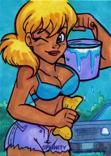 Cartoon woman in bikini with paint bucket for DH 5FUNity Sketch Card by Mary Bellamy