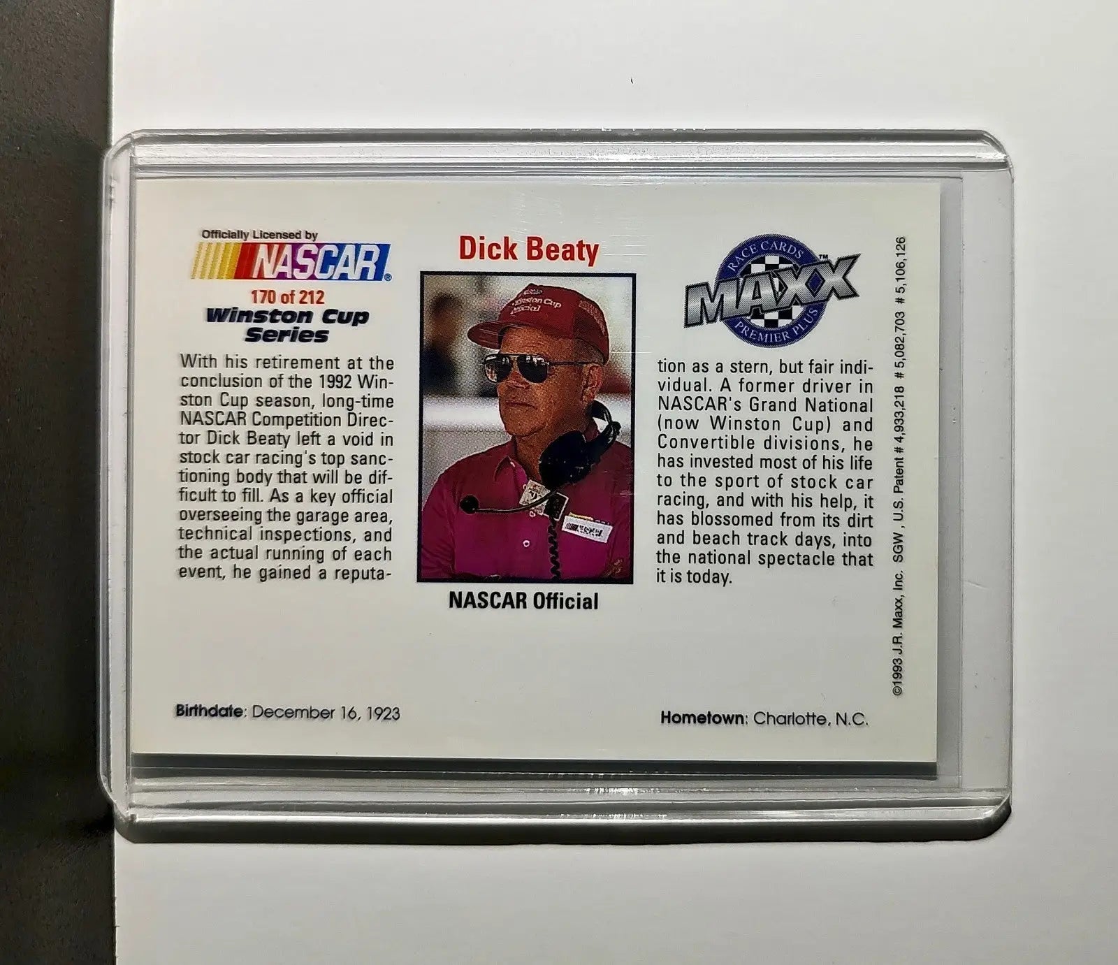 Dick Beaty 1993 Maxx Premier Plus Racing #170 NASCAR Card - Racing Card Single