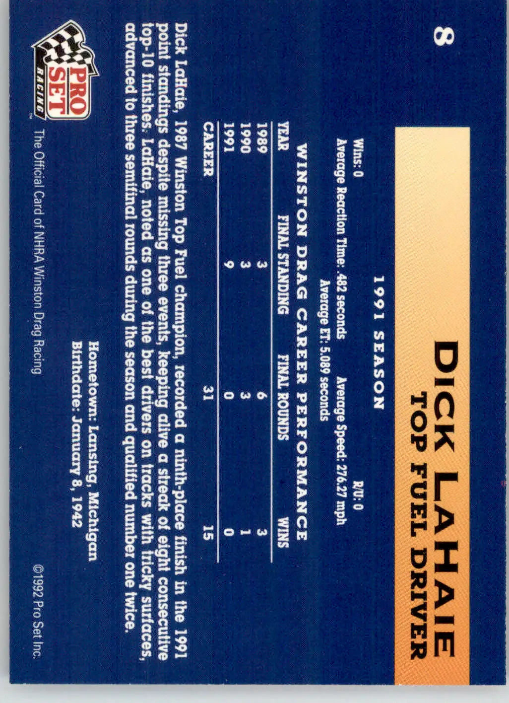 Dick LaHaie - 1992 Pro Set NHRA - #8 - Racing - Racing Card Single