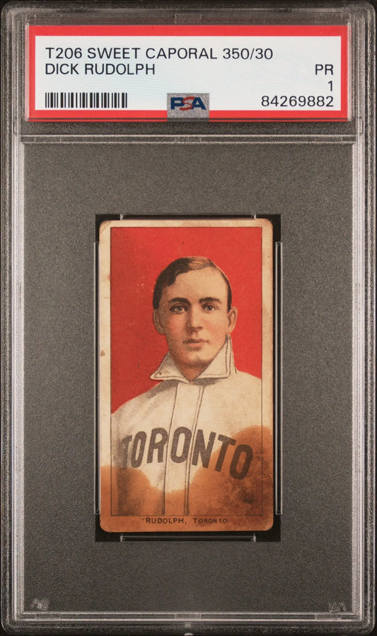 Vintage Dick Rudolph T206 Sweet Caporal baseball card in PSA holder with red backdrop