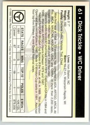 Dick Trickle - 1992 Traks - #61 - Racing - Racing Card Single
