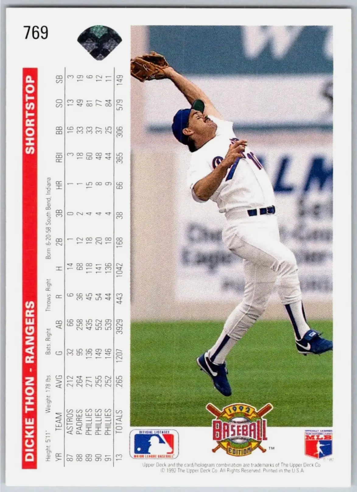 Dickie Thon 1992 Upper Deck MLB #769 Baseball Card Texas Rangers - Baseball Card Single