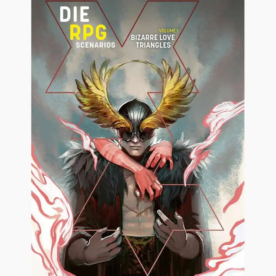 Fantasy RPG book cover for DIE RPG Scenarios Volume 1 featuring bizarre love triangles and Kieron Gillen