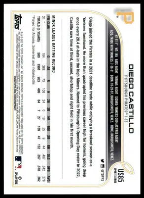 Diego Castillo Rookie 2022 Topps Update #US85 Pittsburgh Pirates - Baseball Card Single