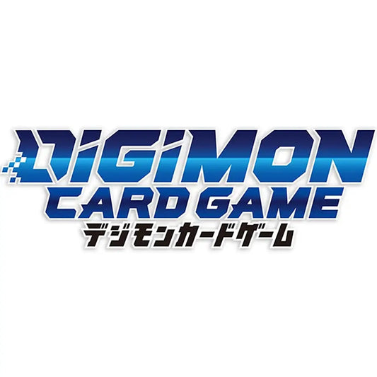 Logo for Digimon Card Game with blue gradient text and pixelated accents on booster box
