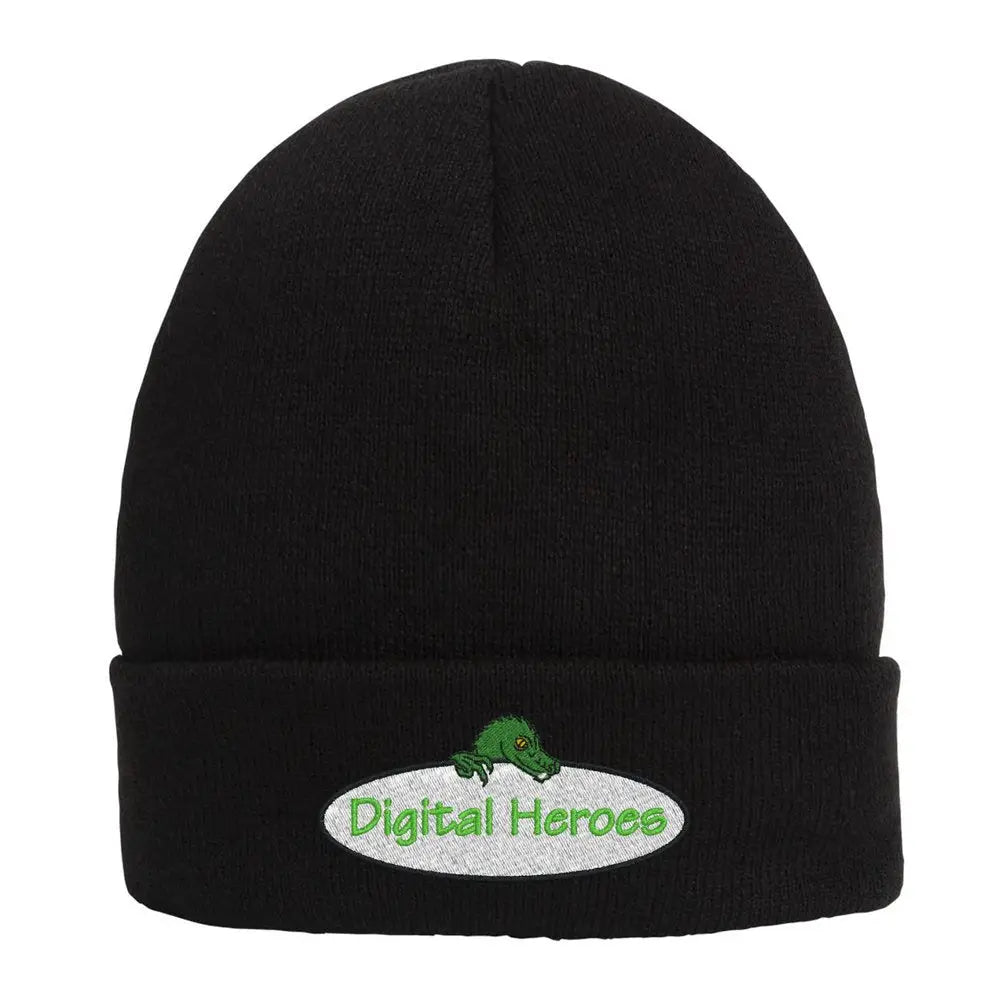Black cuffed beanie with Digital Heroes logo and green tree, featuring 3M Thinsulate
