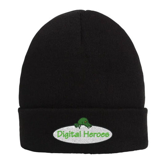 Black cuffed beanie with Digital Heroes logo and green tree, featuring 3M Thinsulate