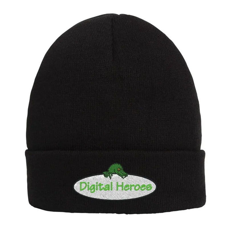 Black cuffed beanie with Digital Heroes logo and green tree, featuring 3M Thinsulate