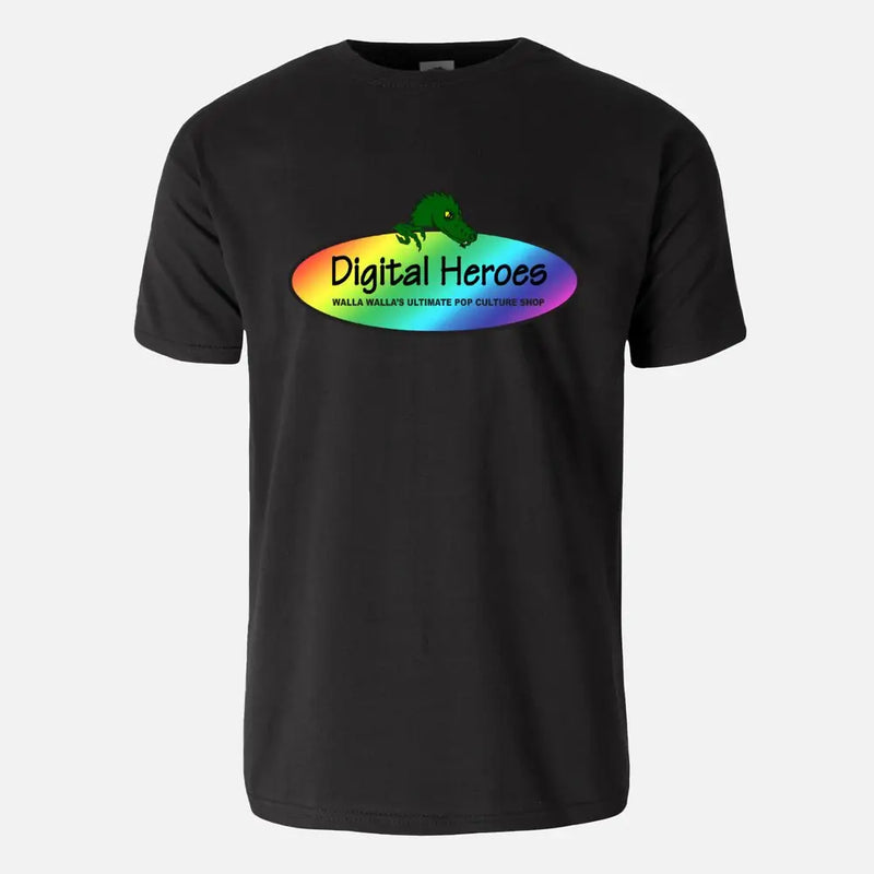 Black t-shirt with rainbow Digital Heroes logo and green character, custom dragon design