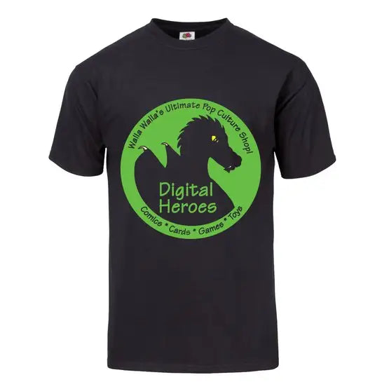 Black t-shirt featuring custom dragon logo and Digital Heroes text in green circle