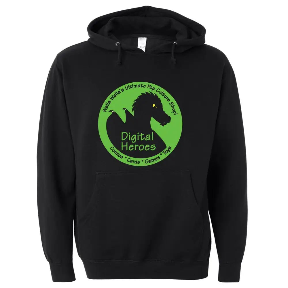 Black hoodie sweatshirt featuring a custom Dragon logo with a silhouette at a computer