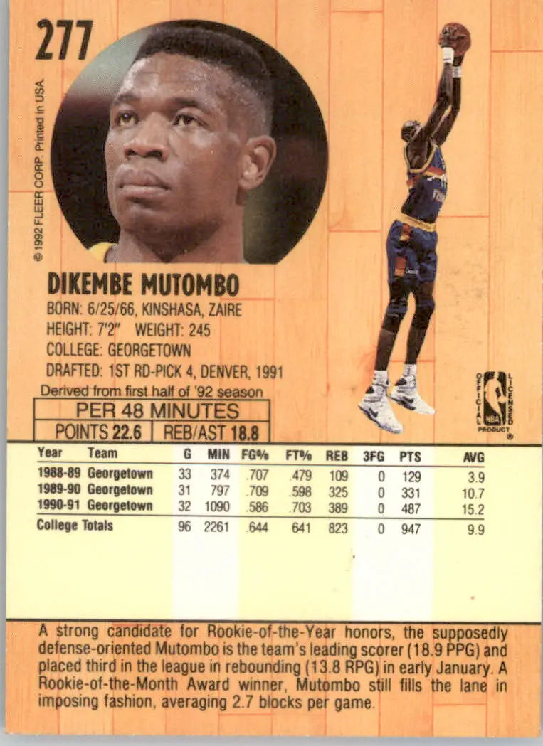 Dikembe Mutombo - 1991-92 Fleer - #277b - RC Basketball - Basketball Card Single