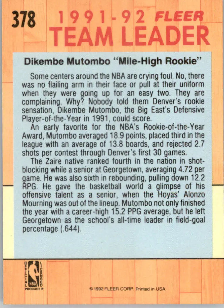 Dikembe Mutombo - 1991-92 Fleer - #378 - Basketball - Basketball Card Single