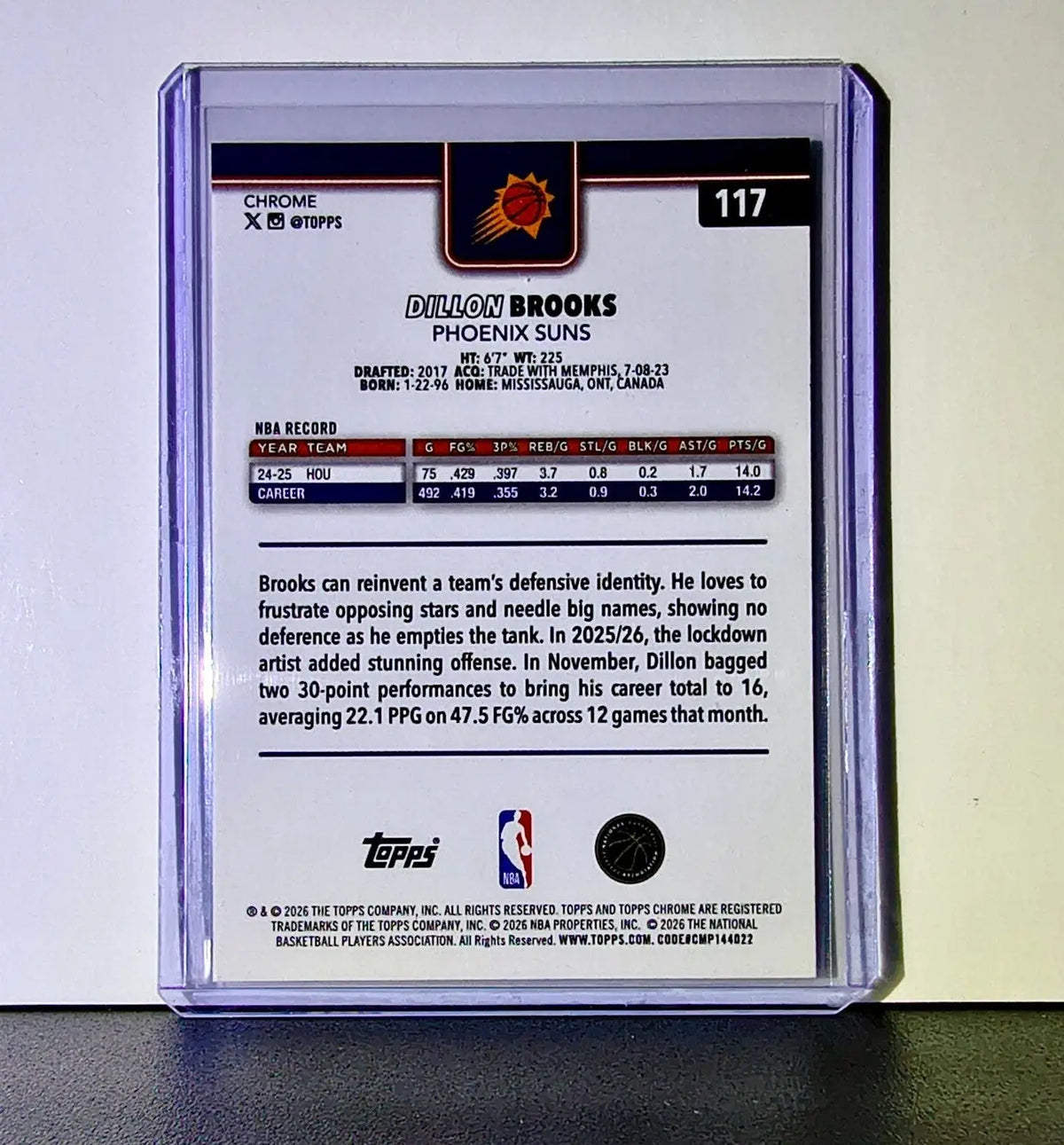 Dillon Brooks 2025-26 NBA Topps Chrome Update #117 Basketball Card Phoenix Suns - Basketball Card Single