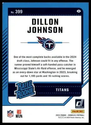 Dillon Johnson Rookie 2024 Donruss #399 Tennessee Titans - Football Card Single