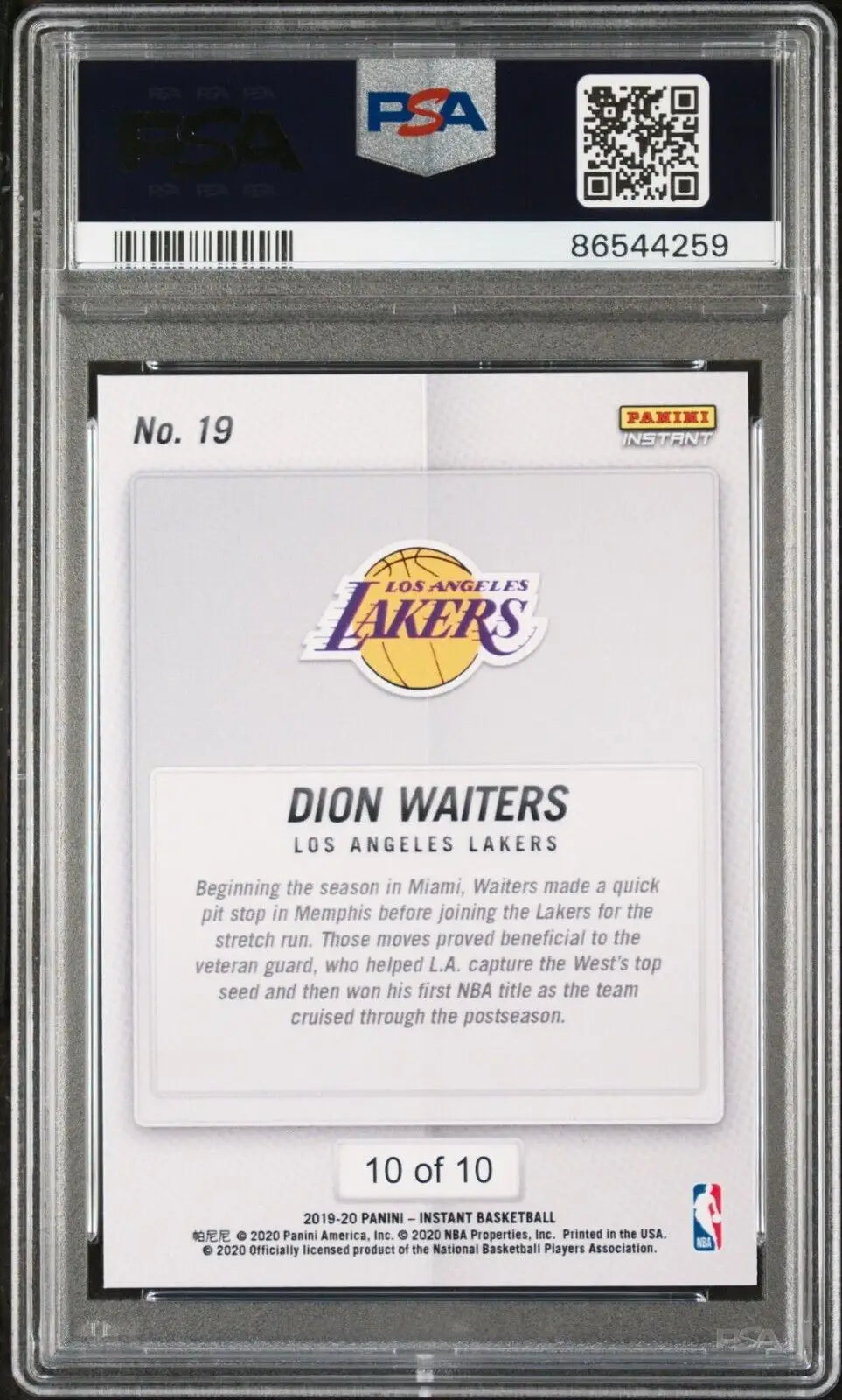 Dion Waiters 2020 Panini Lakers NBA Champions #19 Green Card 10/10 PSA 9 Mint - Basketball Card Single