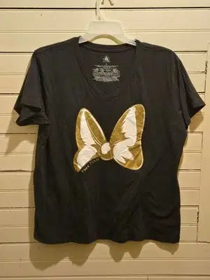 Disney T-Shirt Womens 2XL Black Minnie Mouse Gold Bow V-Neck Graphic Tee - Apparel