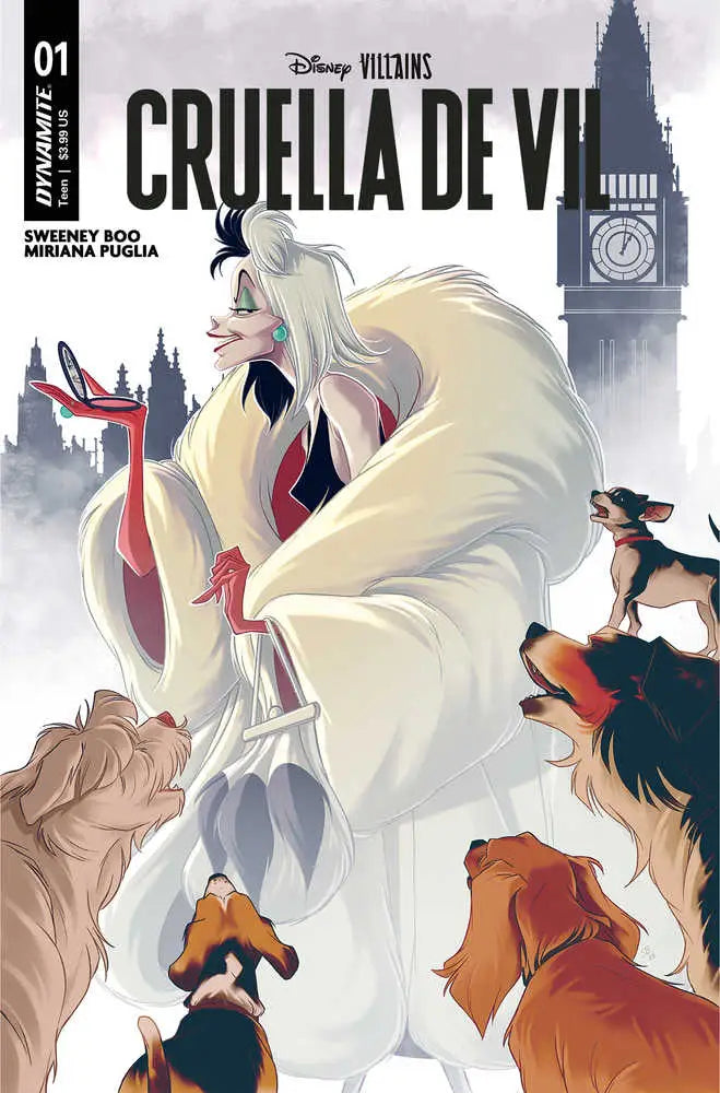 Comic book cover of Disney Villains Cruella De Vil with dogs in London backdrop