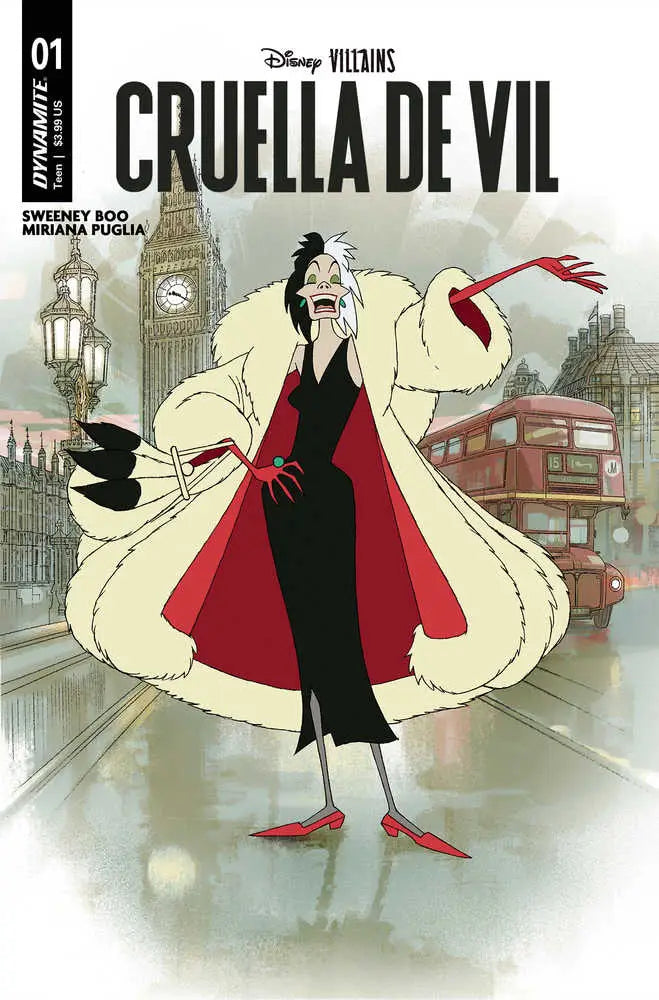 Stylized Disney Villains character in black dress and red cape, foggy London backdrop