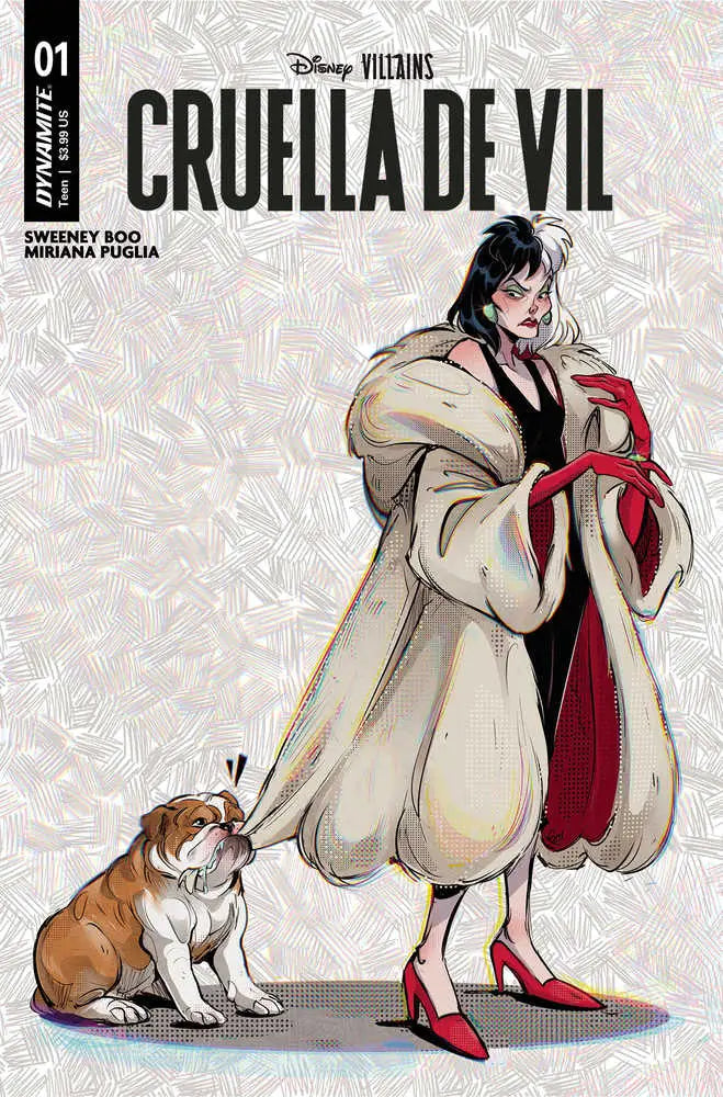 Stylized comic cover of Cruella de Vil with bulldog for Disney Villains trading cards