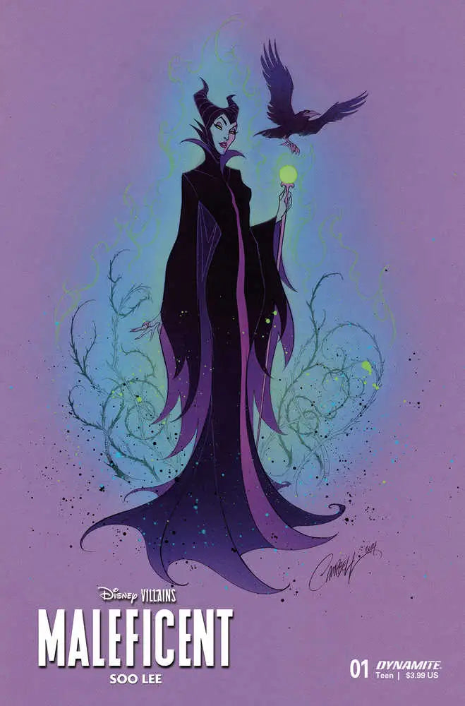 Dark-robed figure with horns and raven holding glowing orb on Disney Villains trading cards