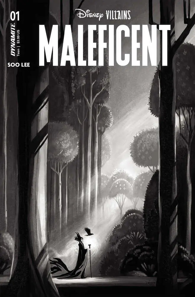 Black and white comic cover of silhouetted Maleficent in forest for trading cards collection