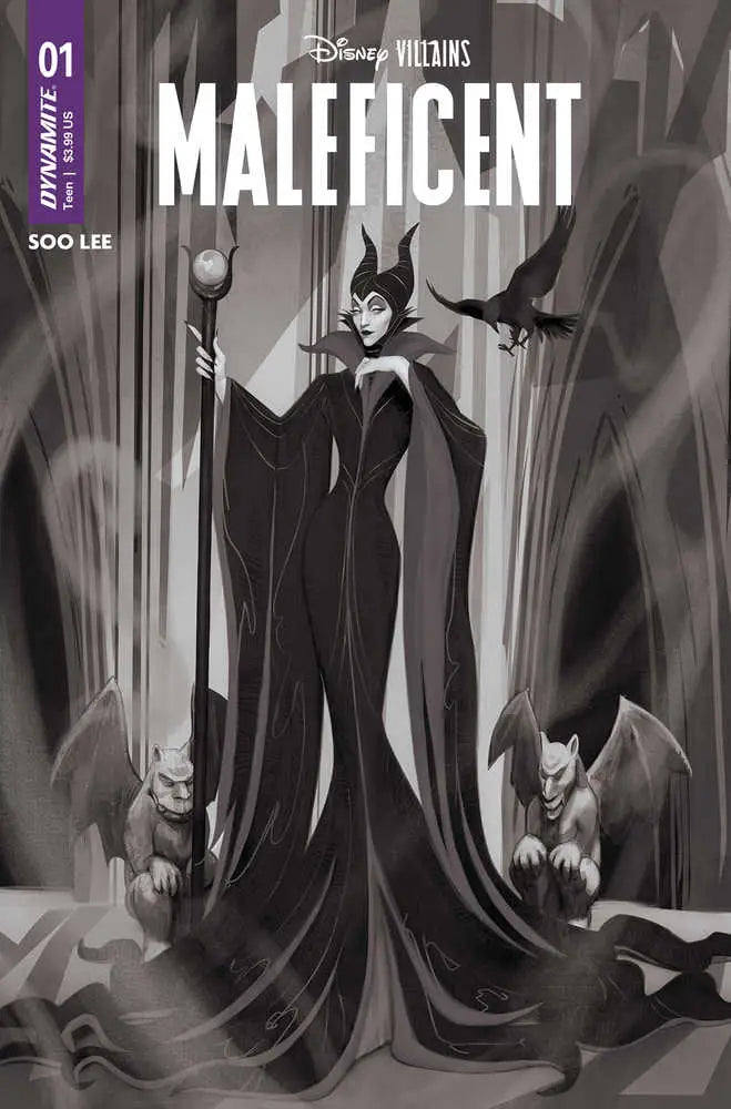 Black and white comic cover of Maleficent featuring gargoyles for Disney Villains trading cards
