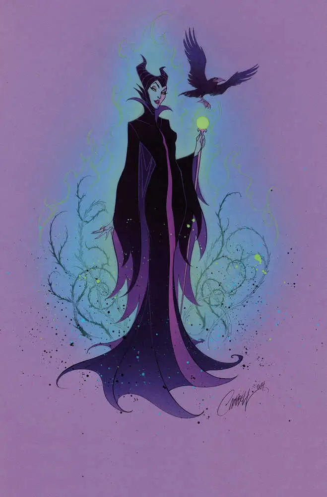 Elegant dark-robed figure with horns, magical staff, and raven for Disney Villains trading cards