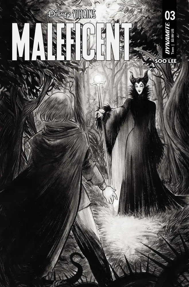 Black and white comic cover of Maleficent for Disney Villains trading cards