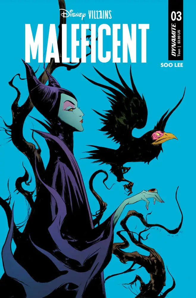 Dark figure in robes with horns and raven on Disney Villains Maleficent trading card