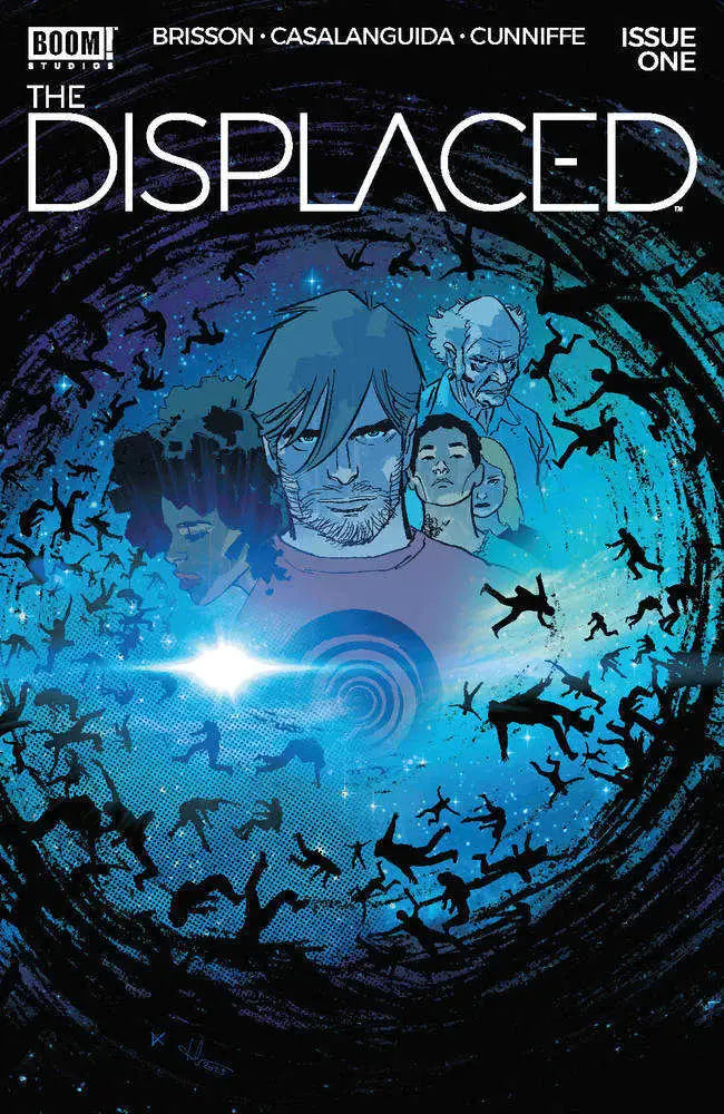 Comic book cover for The Displaced issue one with silhouettes and blue vortex design