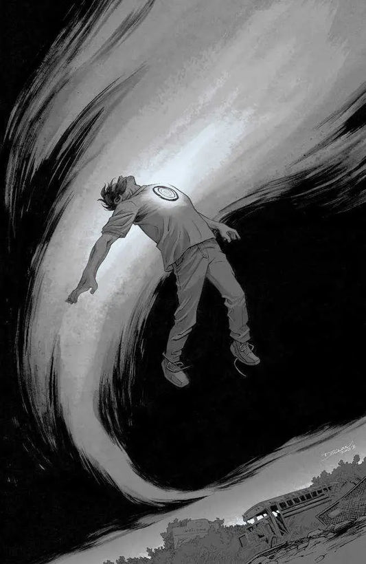 Person suspended mid-air in dramatic pose on Displaced #1 Cover E trading card