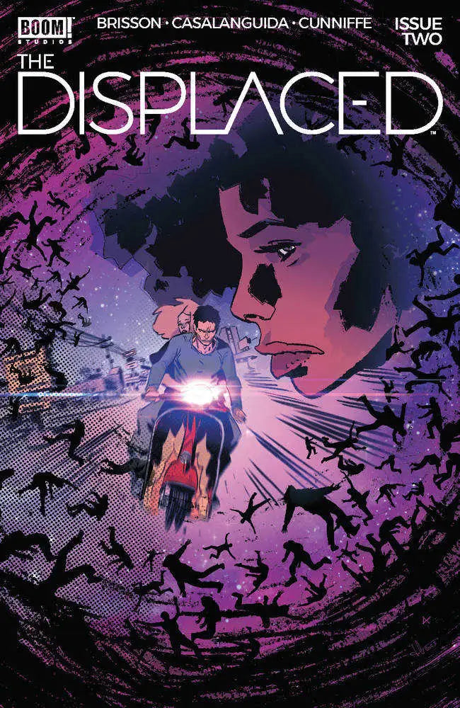 Comic book cover for The Displaced #2 with vibrant purple and pink artwork