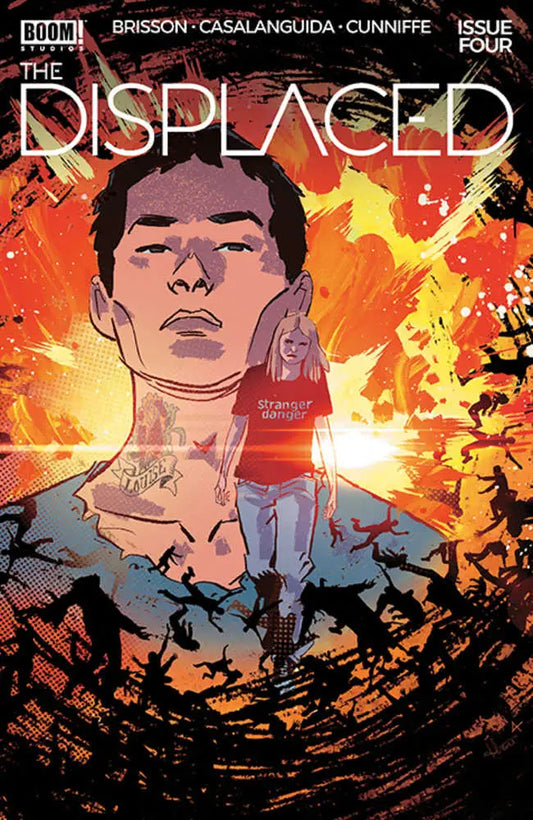 Comic book cover for The Displaced #4 with explosive orange and red artwork