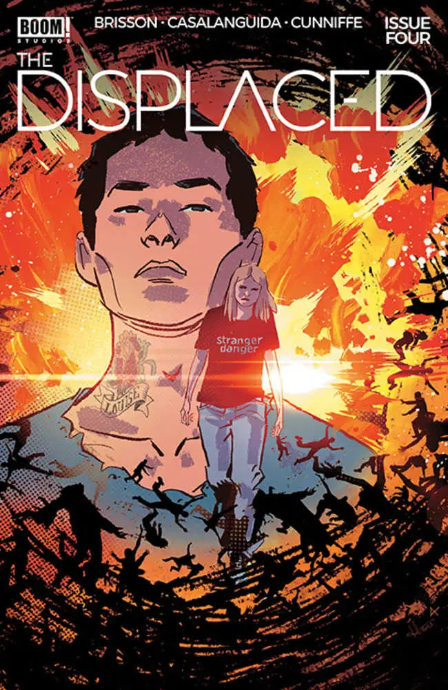 Comic book cover for The Displaced #4 with explosive orange and red artwork