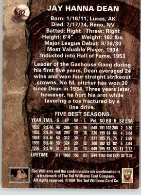 Dizzy Dean - 1994 Ted Williams - #82 - Baseball - Baseball Card Single